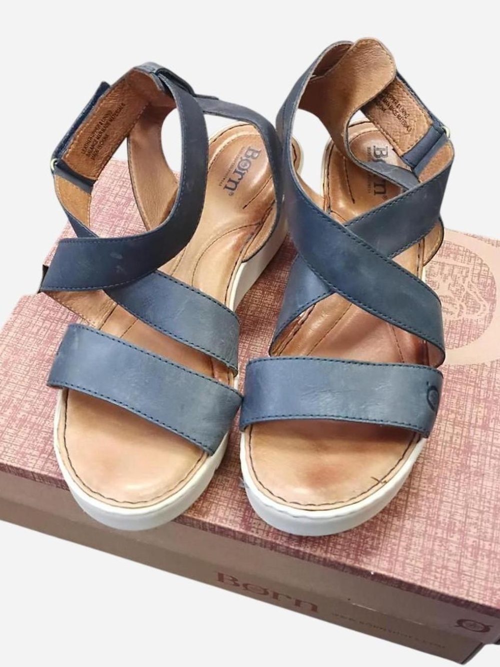 Born Womens Navy Leather Crisscross Sandals - Picture 6 of 8